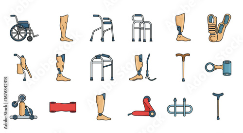Assistive Mobility Devices Icon Set - Wheelchairs, Walkers, Prosthetics, and Crutches.