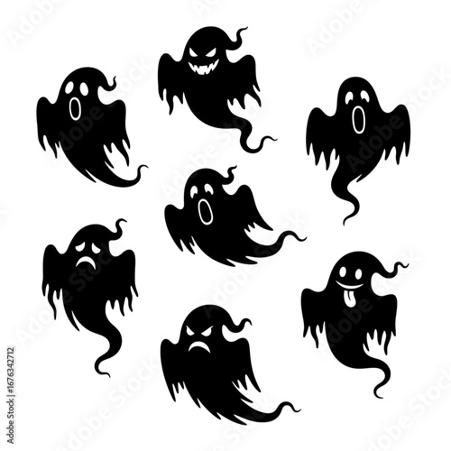 Halloween ghost icon set depicting various emotions and expressions  