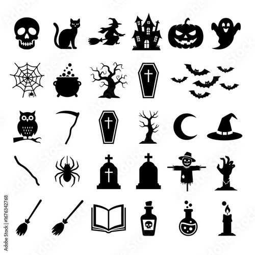 Halloween icon set featuring spooky symbols and creatures  