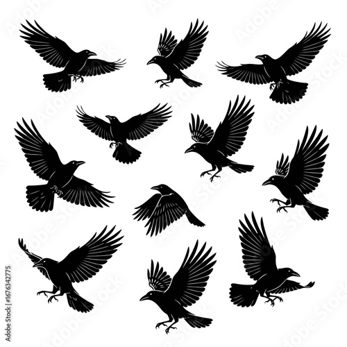 Halloween icon set of flying crows in black silhouette style  