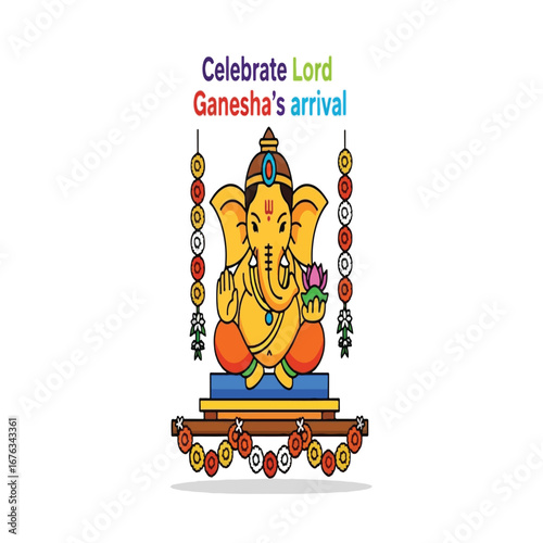 Cartoon illustration of Lord Ganesha on a swing, celebrating his arrival.