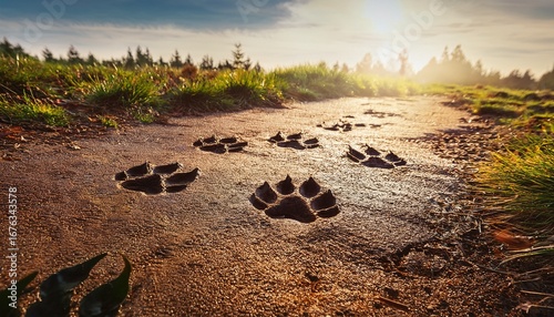 animal pawprints imprinted on ground surface in natural environment evoking wild exploration