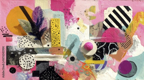 A vibrant, playful collage artwork composed of various shapes, colors, and textures; featuring bold geometric forms, delicate elements like feathers, and contrasting patterns.