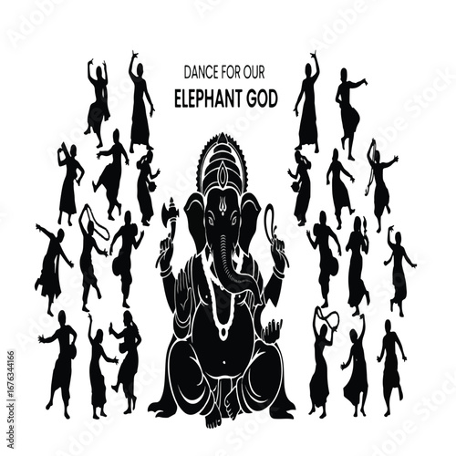 Black and white silhouette of Ganesha surrounded by dancing figures, a religious artwork.