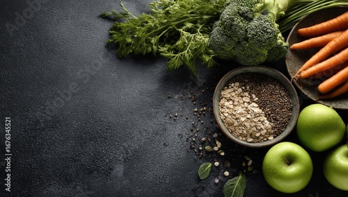 Healthy food ingredients, dark background, overhead shot, recipe concept