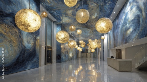 A modern lobby, illuminated by large, golden sphere lights, features a stunning blue and gold patterned wall.