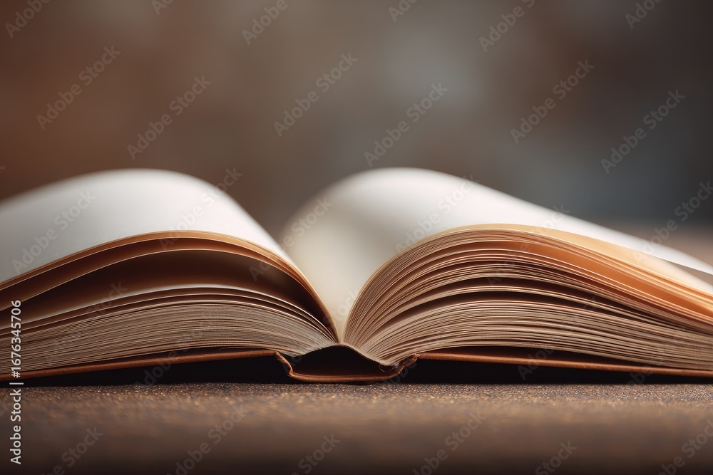 Naklejka premium Open book, pages spread, light beige interior, warm brown cover