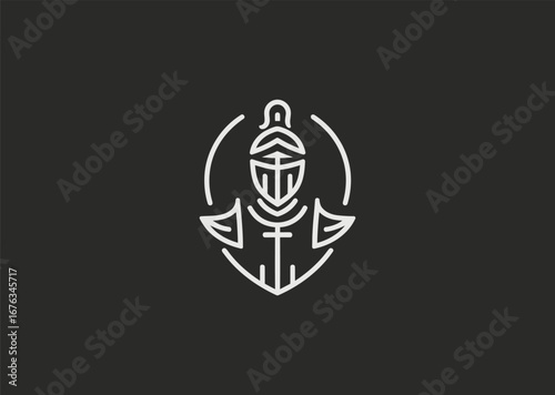 A simple minimalist medieval knight line style logo, representing bravery, loyalty, and timeless chivalry