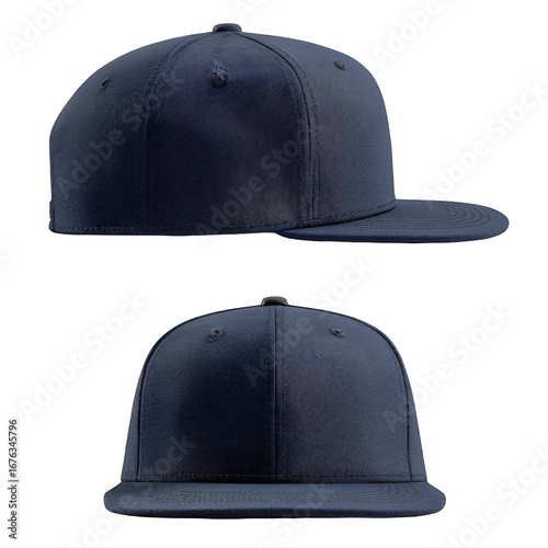Two-view image of a navy blue baseball cap