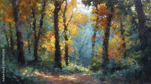 A sun-drenched woodland path, painted with vibrant fall colors and thick brushstrokes, creates a serene autumnal scene.