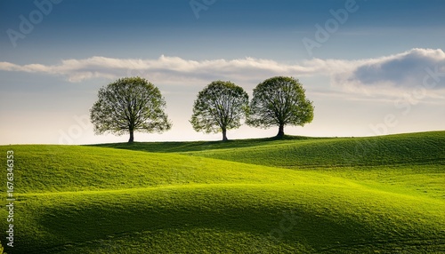 three trees on a gentle green hill serene nature scene