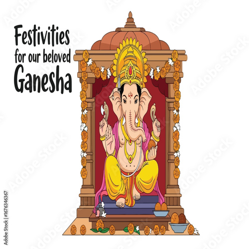 Colorful illustration of Lord Ganesha, the Hindu deity, seated in a decorated shrine, celebrating a festival.