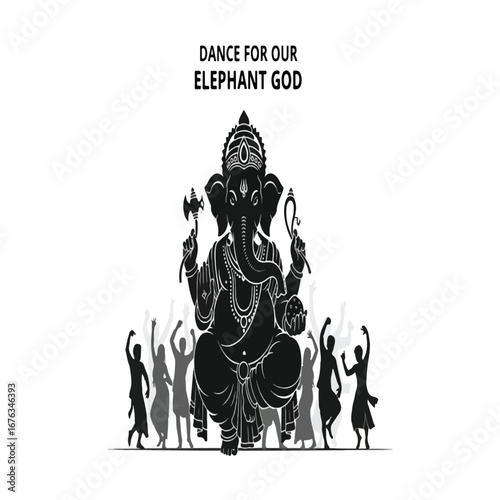 Dance for Our Elephant God: Silhouette of Ganesha with Celebrating People.