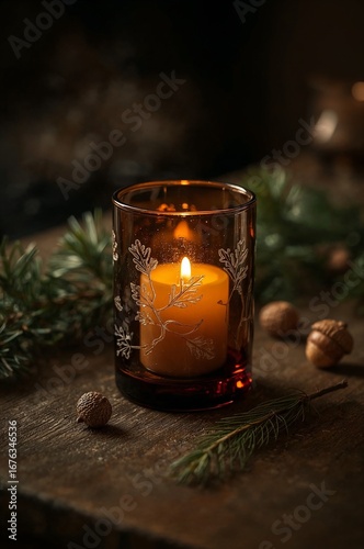 Brennende Kerze im Glas mit Eichenmotiv umgeben von Tannenzweigen und Eicheln