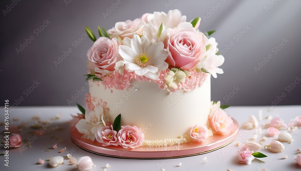 Fototapeta premium a beautiful cake adorned with delicate pink and white flowers perfect for a special celebration