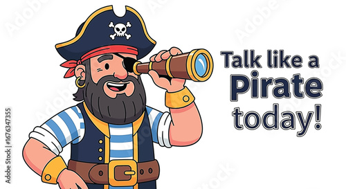 Cartoon pirate character with eye patch and telescope, promoting pirate talk today.