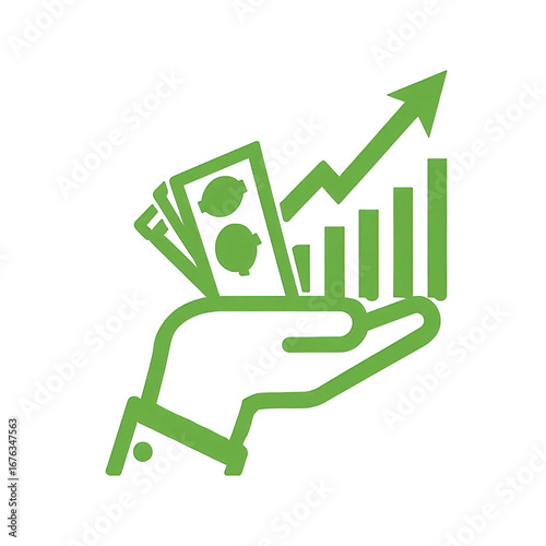 Green icon of a hand receiving money with growing graphs