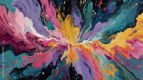 A vibrant explosion of colors radiates outward from the center of this abstract painting, showcasing a dynamic interplay of hues and textures.
