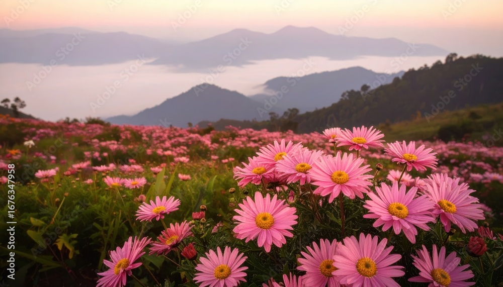 Obraz premium Pink Daisies in Field with Distant Mountains