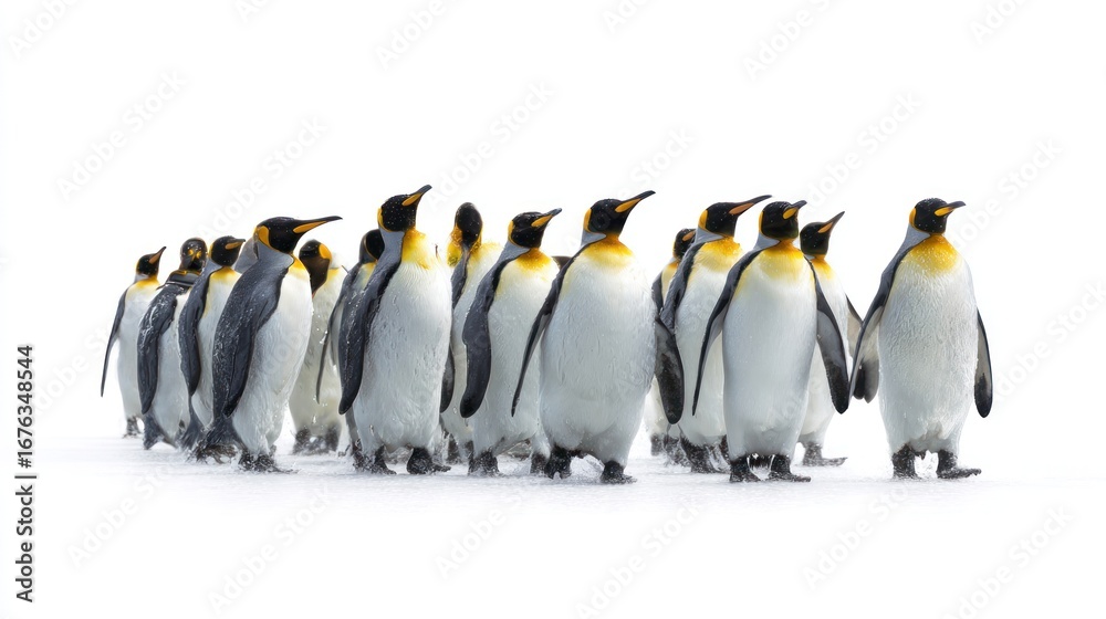 Obraz premium Penguins in a line against white background
