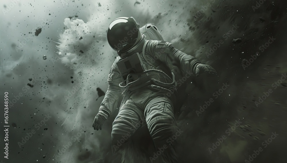 Fototapeta premium Astronaut adrift in space debris storm; dark, cinematic background; poster, game art
