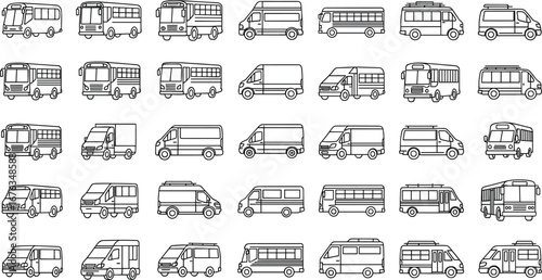 Set of bus and van line drawings, public transportation and utility vehicle icons, vector illustration, side view designs, passenger and delivery vehicle collection