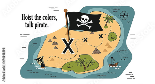 A detailed illustration of a pirate map featuring an island, a skull flag, and a treasure hunt.