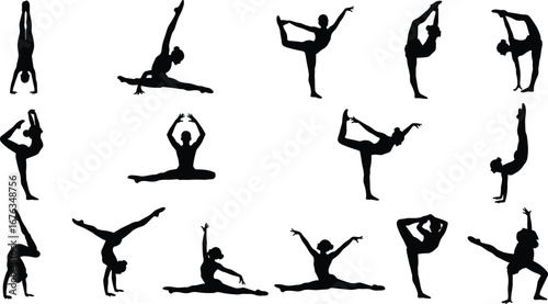 Set of gymnastics and dance pose silhouettes, athletic movement and flexibility icons, vector illustration, acrobatic and ballet positions, fitness and performance collection