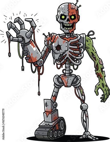 Humanoid robot zombie hybrid, mechanical and organic fusion, cyborg undead character, sci fi horror illustration, futuristic monster design, detailed vector art, stock image