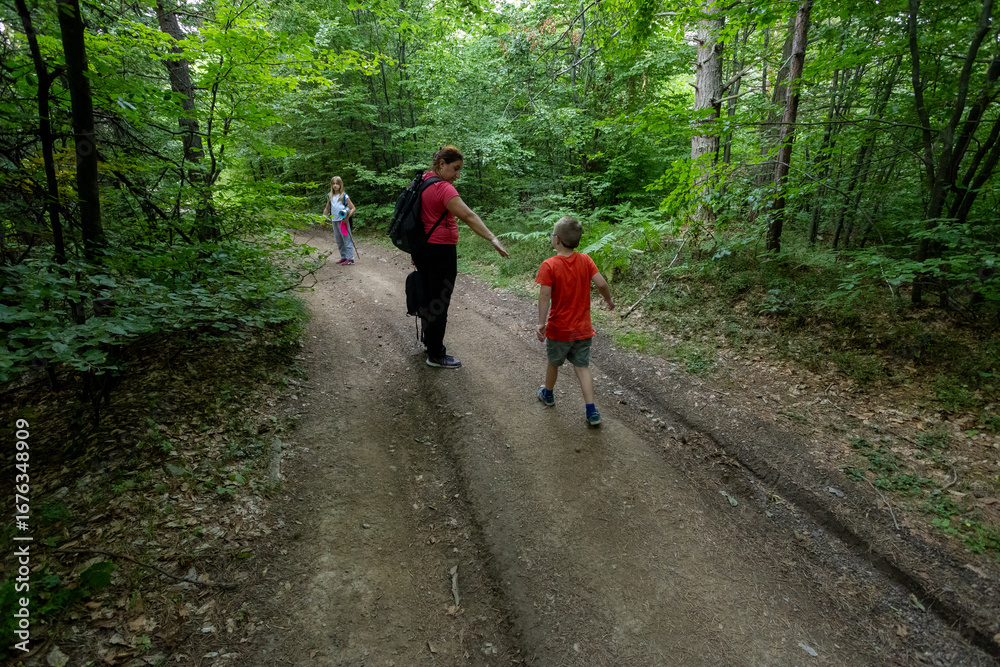 Obraz premium Inclusive family enjoying outdoor forest recreation. Parents and kids walking in woodland on sunny day.