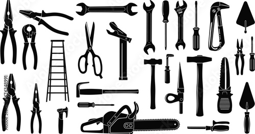 Hand tools silhouette set, construction equipment icons, repair and maintenance vector, DIY workshop instruments, black isolated shapes, industrial hardware illustration, carpentry symbols