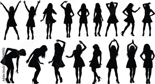 Set of women silhouette poses in dresses and high heels, vector illustration of fashion, dance, and expressive body language stances collection