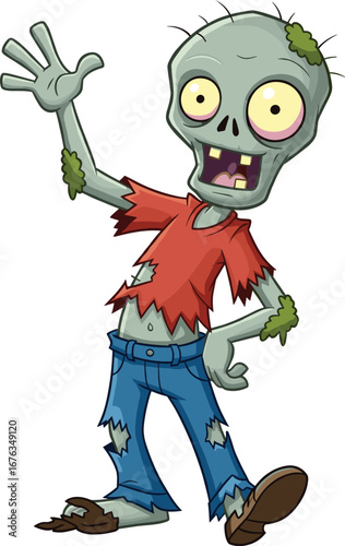 Cartoon zombie character, funny undead monster, Halloween vector illustration, green skin, tattered clothes, spooky yet cute design, playful pose, scary but humorous style