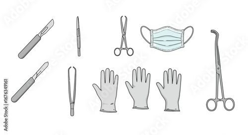 Medical Instruments and Protective Gear - Scalpels, Forceps, Scissors, Gloves, and Mask.