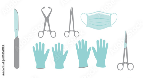 Medical Instruments and Protective Gear Set - Scalpel, Forceps, Scissors, Gloves, and Mask.