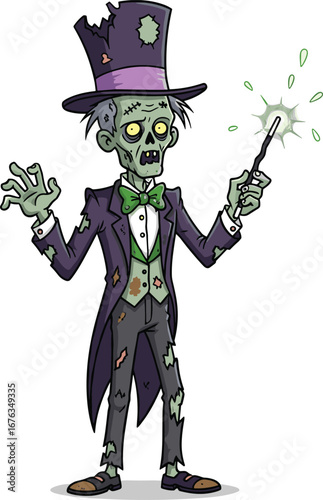 Cartoon zombie magician character, undead wizard in tattered suit, Halloween horror fantasy, magic wand with green sparkles, spooky vector illustration, stock image
