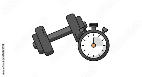Gray Metal Dumbbell and Stopwatch Fitness Icon.