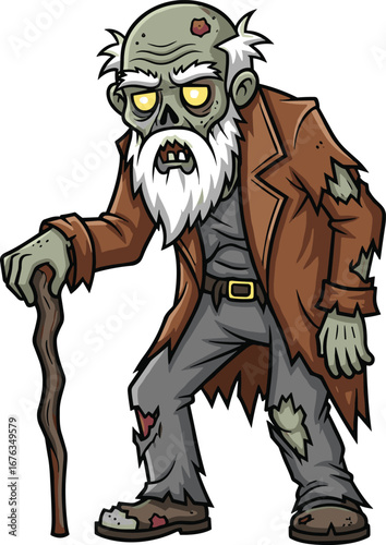 Cartoon zombie with cane, undead old man character, horror Halloween design, tattered trench coat and beard, spooky vector illustration, creepy fantasy stock image
