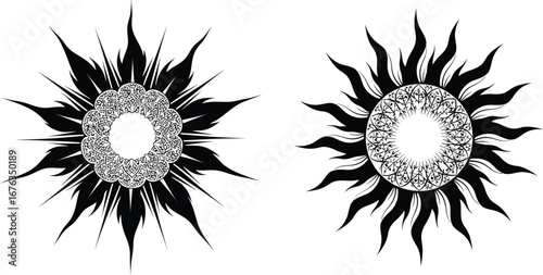 Sun symbols with tribal and ornamental black flame designs for decorative tattoo or graphic art elements vector set