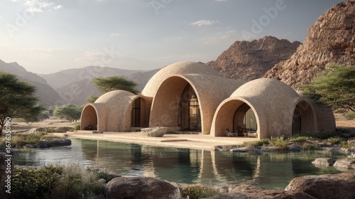 Beige, dome-shaped structures nestled in a desert landscape near a tranquil pool reflect the surrounding mountain range.