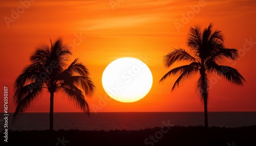 tropical scene featuring two palm trees silhouetted against a vibrant orange sunset with a large white sun creating a serene and peaceful atmosphere for relaxation and escape