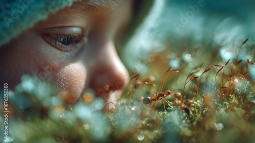 A child's close-up view of a tiny ant on a bed of moss, showcasing a captivating blend of soft focus and vibrant colors.