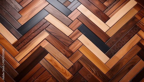 a variety of wooden flooring samples arranged in a herringbone pattern showcasing different wood textures and shades ranging from light to dark tones