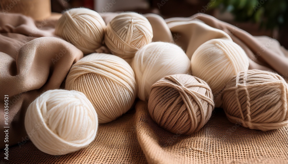 Fototapeta premium a cozy arrangement of beige and white yarn balls on a burlap blanket creating a warm and inviting atmosphere