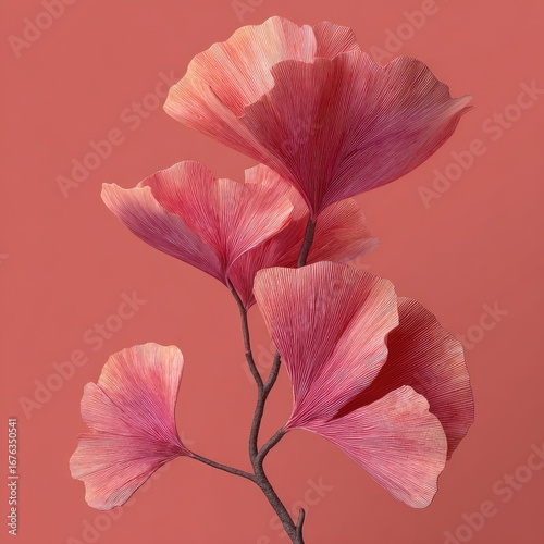 Pink Ginkgo leaves on branch against coral background