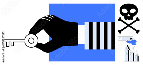 Black-gloved hand holding a key with elements thumbs up a skull, search engine, and growth chart. Ideal for cybersecurity, hacking, online privacy, identity theft, digital safety, risk management