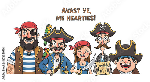 A cheerful crew of five cartoon pirates, including men, a woman, and parrots, with the text 'Avast ye, me hearties!'.