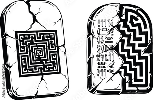 Ancient cracked stone tablets with intricate maze and hieroglyphic patterns vector illustration for design and education use