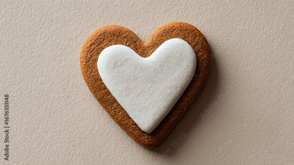 Obraz premium close-up of single heart-shaped gingerbread cookie with simple white icing outline on light beige background, minimalist rustic bakery with blank space