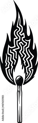 Matchstick with Decorative Flame Vector Design Black and White Illustration for Creative Use